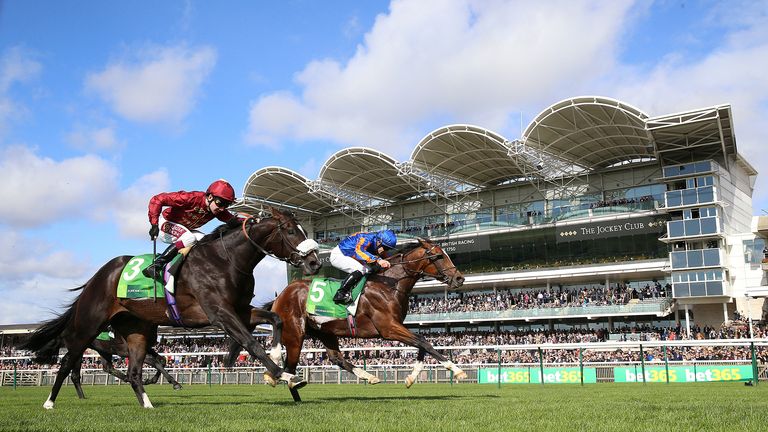 Royal Dornoch (right) ridden by Wayne Lordan wins The Juddmonte Royal Lodge Stakes ahead of Kameko ridden by Oisin Murphy in second during day three of The Cambridgeshire Meeting at Newmarket Racecourse. PA Photo. Picture date: Saturday September 28, 2019. See PA story RACING Newmarket. Photo credit should read: Nigel French/PA Wire.