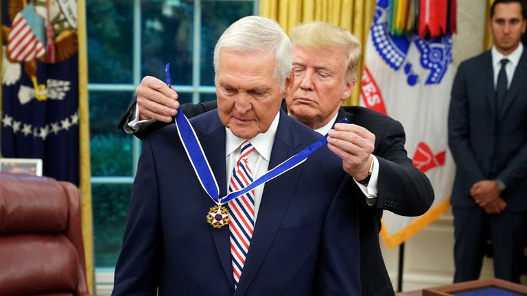 NBA legend Jerry West is presented with the Presidential Medal of Freedom by Donald Trump