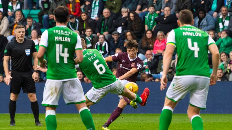 Aaron Hickey scores to make it 2-1 during the Ladbrokes Premiership match between Hibs and Hearts at Easter Road