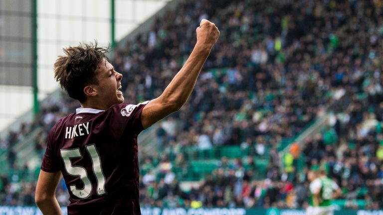 Aaron Hickey celebrates for Hearts 