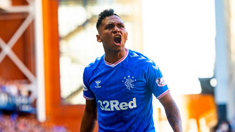 Alfredo Morelos celebrates after scoring to make it 3-0 during the Ladbrokes Premiership match between Rangers and Aberdeen at Ibrox 