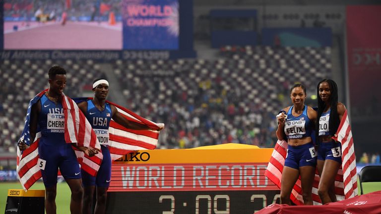 The USA team took the title with a world record time of 3 minutes and 9.34s 