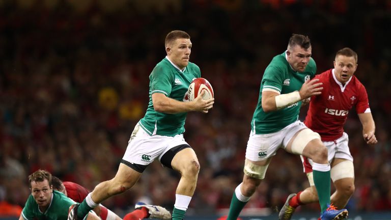 CARDIFF, WALES - AUGUST 31: Ireland wing Andrew Conway makes a break during the International match between Wales and Ireland at Principality Stadium on August 31, 2019 in Cardiff, Wales. (Photo by Stu Forster/Getty Images)