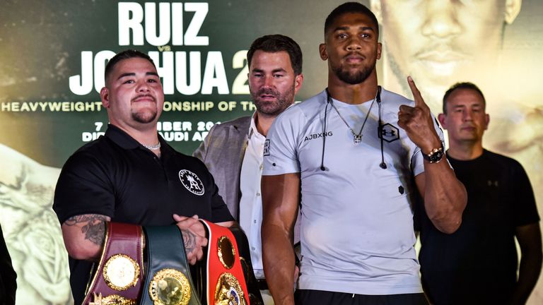 Andy Ruiz Jr and Anthony Joshua during a press conference ahead of the upcoming "Clash on the Dunes" heavyweight rematch