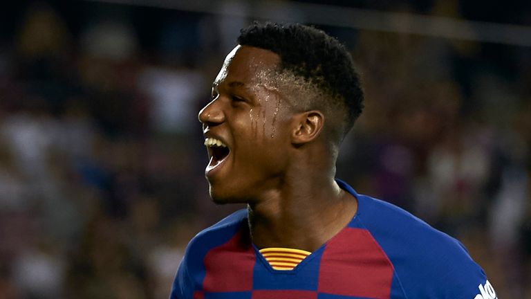 Ansu Fati celebrates his goal for Barcelona against Valencia