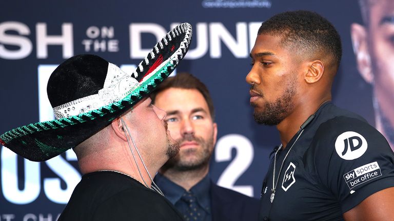 Andy Ruiz Jr. and Anthony Joshua face off during the press conference for Andy Ruiz Jr. v Anthony Joshua 2 ‘Clash on the Dunes’ at the Hilton Syon Park on September 06, 2019 in London, England. 