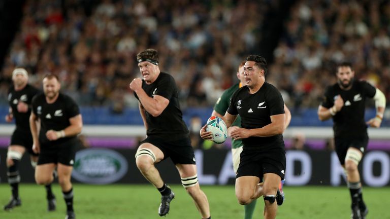 YOKOHAMA, JAPAN - SEPTEMBER 21: Anton Lienert-Brown of the All Blacks makes a break during the Rugby World Cup 2019 Group B game between New Zealand and South Africa at International Stadium Yokohama on September 21, 2019 in Yokohama, Kanagawa, Japan. (Photo by Hannah Peters/Getty Images)