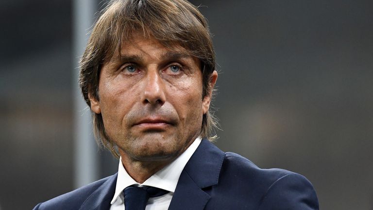 Antonio Conte head coach of FC Internazionale looks on during the Serie A match between FC Internazionale and US Lecce at Stadio Giuseppe Meazza on August 26, 2019 in Milan, Italy. 