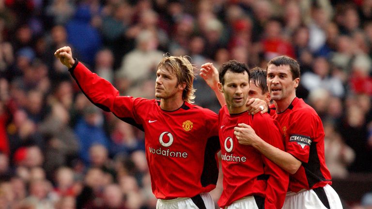 Ryan Giggs celebrates his second goal of the match with David Beckham and Roy Keane                  ..Manchester United v West Ham United, Old Trafford, Manchester 26/01/2003, Worthington Cup Semi Final 2nd Leg.