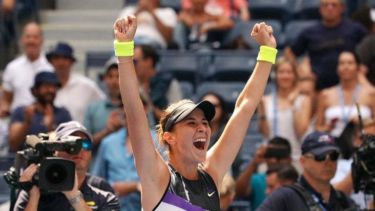 Belinda Bencic from Switzerland celebrates her win over Donna Vekic of Croatia during their Women's Singles Quarterfinals match at the 2019 US Open at the USTA Billie Jean King National Tennis Center in New York on September 4, 2019.