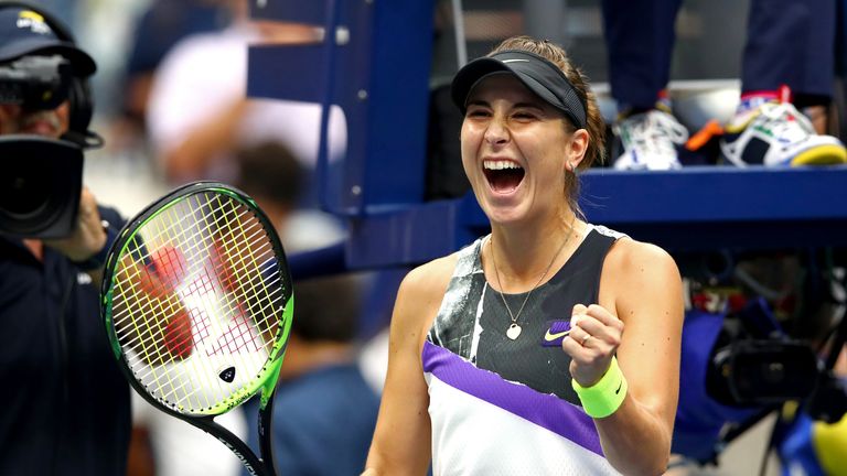 Belinda Bencic celebrates her fourth round victory over Naomi Osaka at the US Open