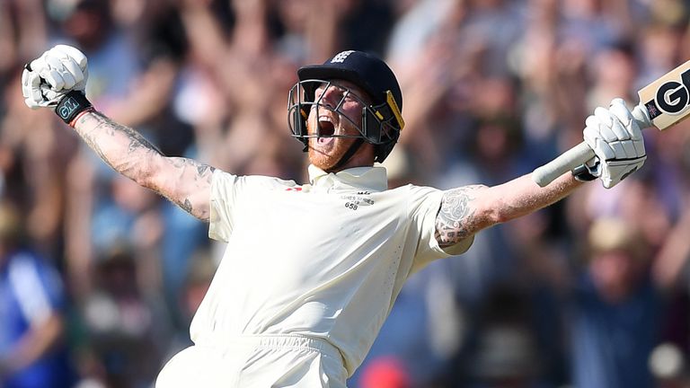 England Cricket's Ben Stokes celebrates after hitting the winning runs in the third Ashes Test at Headingley