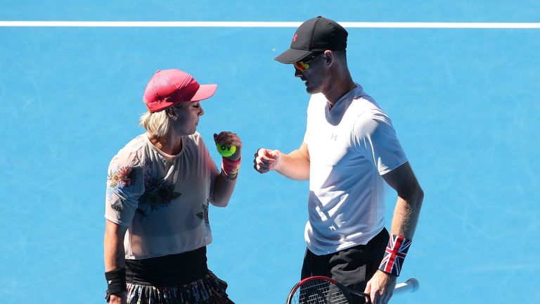 Bethanie Mattek-Sands of the United States and Jamie Murray of Great Britain talk tactics in their Mixed Doubles Quarterfinals match against Astra Sharma and John-Patrick Smith of Australia during day 10 of the 2019 Australian Open at Melbourne Park on January 23, 2019 in Melbourne, Australia. 