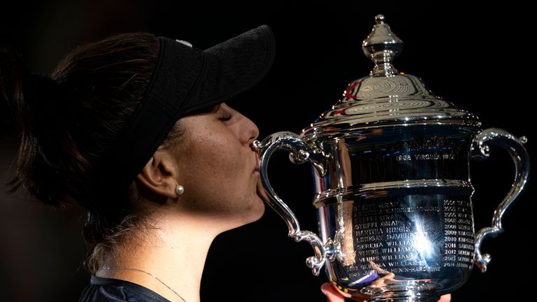 Bianca Andreescu of Canada poses with the trophy after her 6-3 7-5 victory over Serena Williams of the United States at Arthur Ashe Stadium at the USTA Billie Jean King National Tennis Center on September 07, 2019 in New York City.