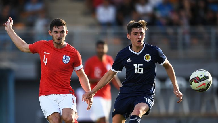 Billy Gilmour of Scotland battling with Lewis Cook of England at U21 level