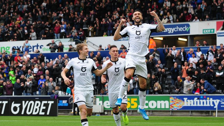 Borja Baston of Swansea City celebrates scoring the opening goal of the game