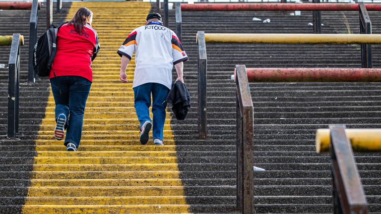 Picture by Alex Whitehead/SWpix.com - 01/09/2019 - Rugby League - Betfred Championship - Bradford Bulls v Sheffield Eagles - Odsal Stadium, Bradford, England - Bradford supporters after the last game to be played at Odsal Stadium.