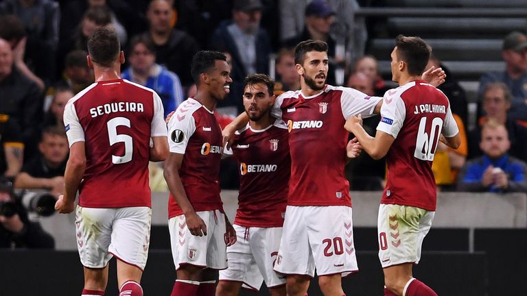 Ricardo Horta of Braga celebrates with team mates after he scores his sides first goal