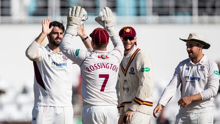 NORTHAMPTON, ENGLAND - SEPTEMBER 19: Brett Hutton of Northamptonshire (L) celebrates with his team mates after taking the wicket of Matt Salisbury of Durham (not shown) during the Specsavers County Championship division two match between Northamptonshire and Durham at The County Ground on September 19, 2019 in Northampton, England. (Photo by Andy Kearns/Getty Images)