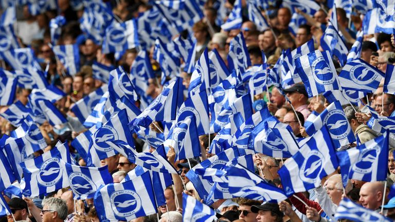 BRIGHTON, ENGLAND - AUGUST 17: Brighton fans during the Premier League match between Brighton & Hove Albion and West Ham United at American Express Community Stadium on August 17, 2019 in Brighton, United Kingdom. (Photo by Mike Hewitt/Getty Images)