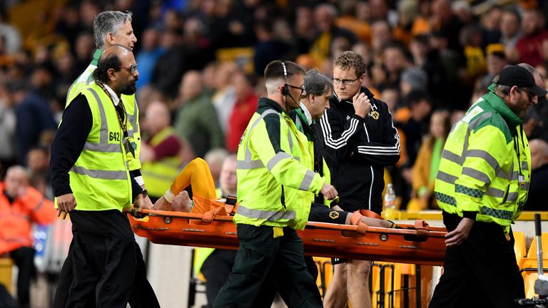 Bruno Jordao of Wolverhampton Wanderers leaves the pitch on a stretcher during the Carabao Cup Third Round match between Wolverhampton Wanderers and Reading FC at Molineux
