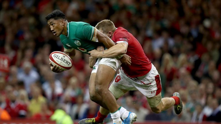 CARDIFF, WALES - AUGUST 31: Ireland centre Bundee Aki in action during the International match between Wales and Ireland at Principality Stadium on August 31, 2019 in Cardiff, Wales. (Photo by Stu Forster/Getty Images)