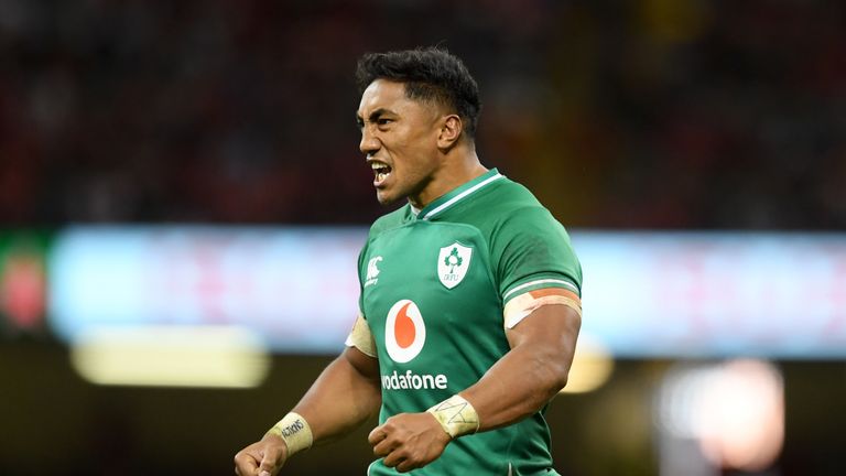 CARDIFF, WALES - AUGUST 31: Bundee Aki of Ireland reacts during the International Match between Wales and Ireland at the Principality Stadium on August 31, 2019 in Cardiff, Wales. (Photo by Harry Trump/Getty Images)