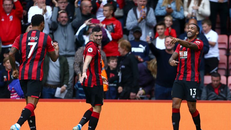 Bournemouth's Callum Wilson celebrates with team-mates after scoring his team's second goal 