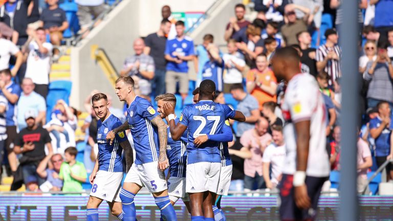 CARDIFF, WALES - SEPTEMBER 21: The Cardiff City players celebrate the teams opening goal against Middlesbrough during the Sky Bet Championship match between Cardiff City and Middlesbrough at Cardiff City Stadium on September 21, 2019 in Cardiff, Wales. (Photo by Cardiff City FC/Getty Images)