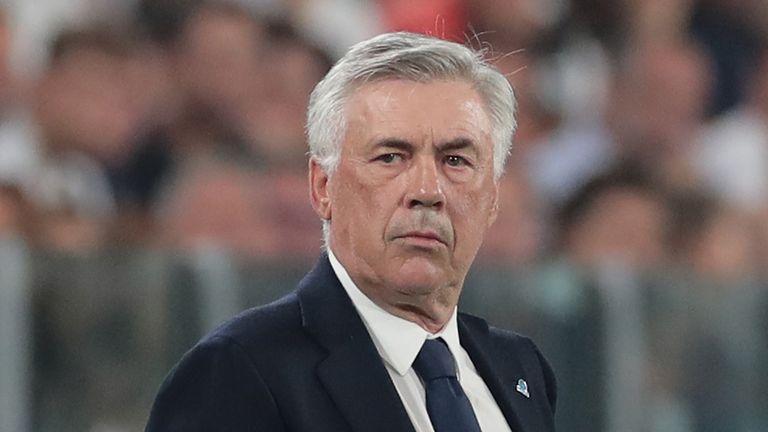 Napoli coach Carlo Ancelotti looks on during the Serie A match between Juventus and SSC Napoli at Allianz Stadium on August 31, 2019 in Turin, Italy.