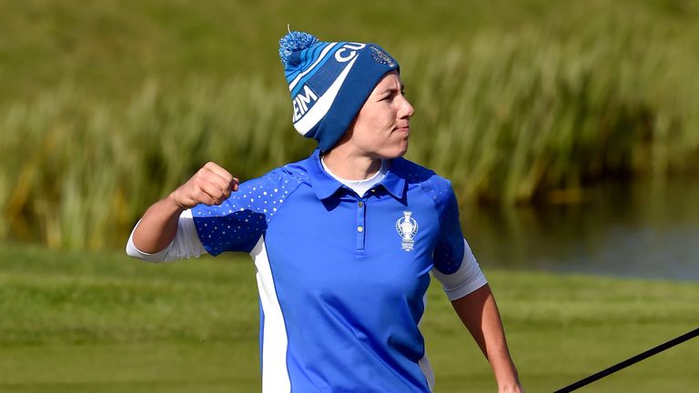 Team Europe's Carlota Ciganda celebrates her putt on the 16th during the Singles match on day three of the 2019 Solheim Cup at Gleneagles Golf Club, Auchterarder.