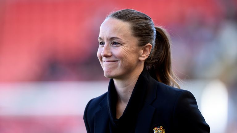 Manchester United Women manager Casey Stoney during the WSL match against Lewes Women at Leigh Sports Village on May 11, 2019