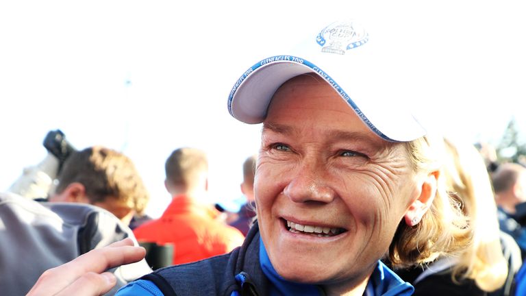 Team Europe captain Catriona Matthew celebrates after Europe won the 2019 Solheim Cup at Gleneagles