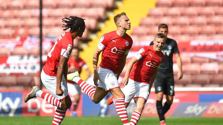 Barnsley v Charlton Athletic - Sky Bet Championship - Oakwell | Barnsley's Cauley Woodrow celebrates scoring his team's opening goal, 17 August 2019