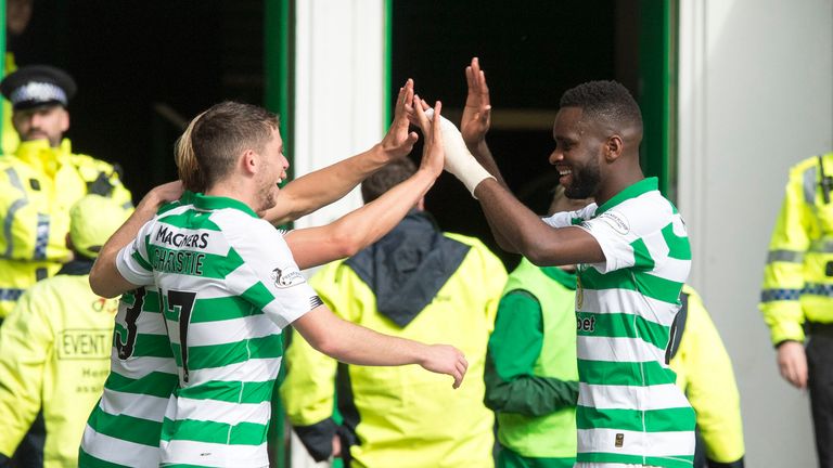 Celtic&#39;s Odsonne Edouard celebrates with Celtic&#39;s Ryan Christie and Moritz Bauer after scoring Celtic&#39;s second goal during the Ladbrokes Scottish Premiership match at Celtic Park, Glasgow.