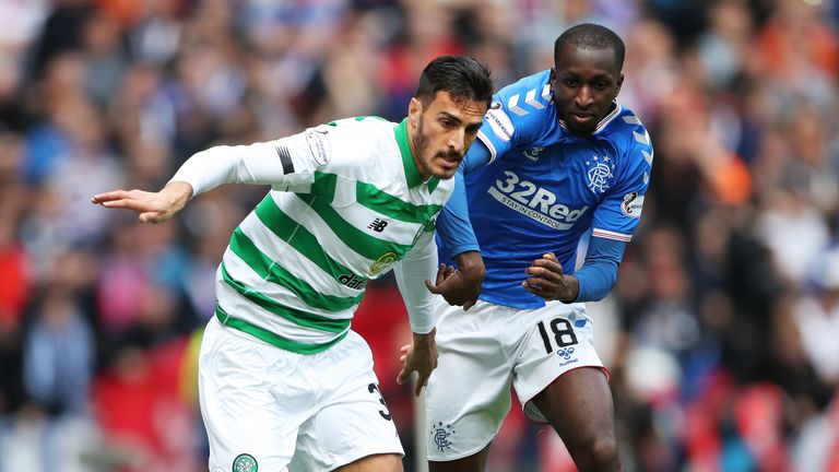 Hatem Elhamed of Celtic (L) is challenged by Glen Kamara of Rangers FC during the Ladbrokes Premiership match between Rangers and Celtic at Ibrox Stadium on September 01, 2019 in Glasgow, Scotland. 