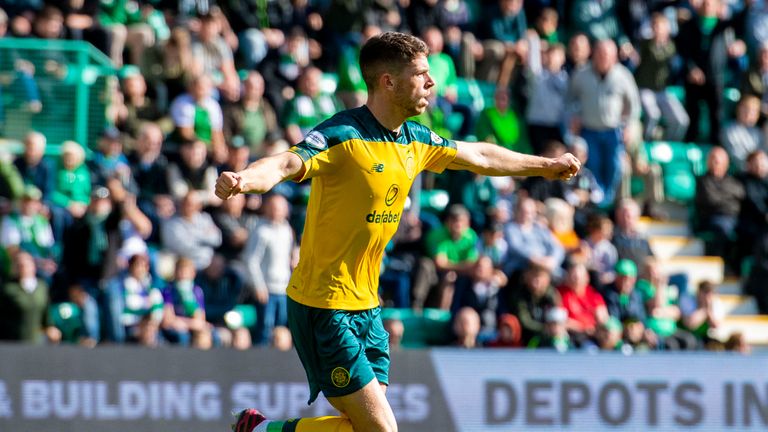 Celtic's Ryan Christie celebrates his goal during the Ladbrokes Premiership match between Hibernian and Celtic at Easter Road