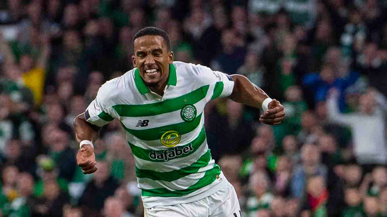Celtic's Scott Sinclair celebrates his goal to make it 5-0 during the Betfred Cup quarter-final between Celtic and Partick Thistle