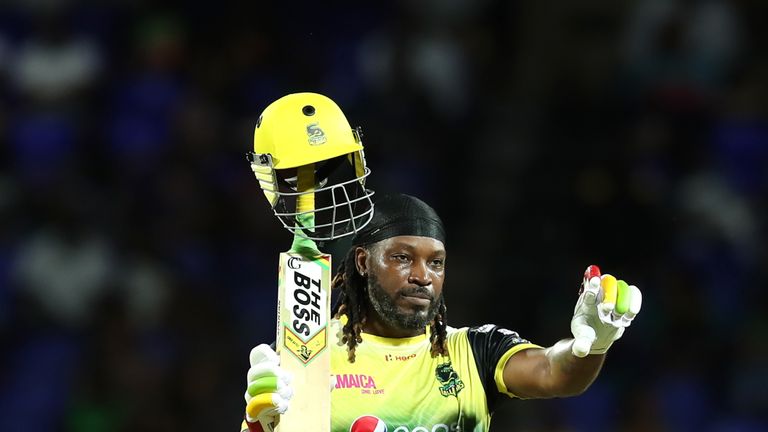 Chris Gayle celebrates his century for Jamaica Tallawahs vs St Kitts Nevis Patriots in the CPL