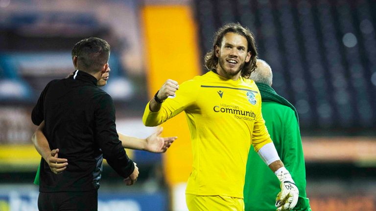 Hibernian's Chris Maxwell celebrates at full-time