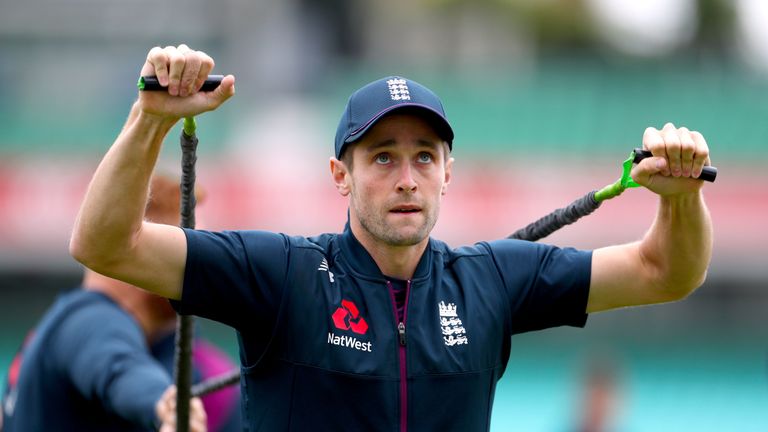 Chris Woakes warms up during a nets session at The Oval