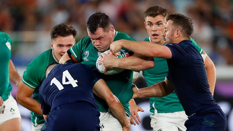 Ireland's prop Cian Healy (C) runs with the ball during the Japan 2019 Rugby World Cup Pool A match between Ireland and Scotland at the International Stadium Yokohama in Yokohama on September 22, 2019. (Photo by Odd ANDERSEN / AFP) (Photo credit should read ODD ANDERSEN/AFP/Getty Images)