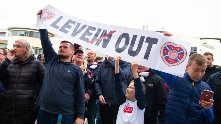 A fan protest over Craig Levein being manager at Hearts
