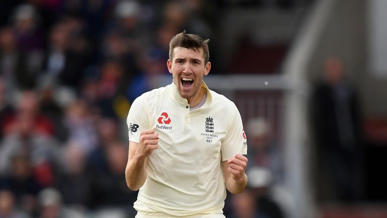 Craig Overton celebrates after taking the wicket of Marnus Labuschagne