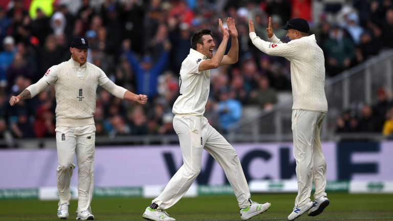  Craig Overton of England celebrates with teammates after dismissing Marnus Labuschagne of Australia during day one of the 4th Specsavers Ashes Test between England and Australia at Old Trafford