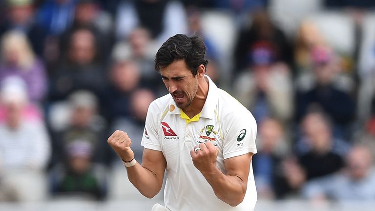 Mitchell Starc celebrates the dismissal of Jonny Bairstow in the fourth Ashes Test