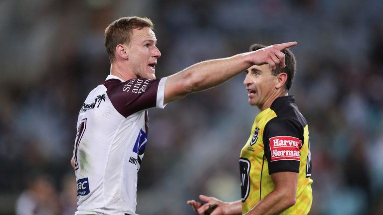 SYDNEY, AUSTRALIA - SEPTEMBER 20: Captain Daly Cherry-Evans of the Sea Eagles argues with referee Gerard Sutton after Jake Trbojevic was sent to the bin late in the game during the NRL Semi Final match between the South Sydney Rabbitohs and the Manly Sea Eagles at ANZ Stadium on September 20, 2019 in Sydney, Australia. (Photo by Matt King/Getty Images)