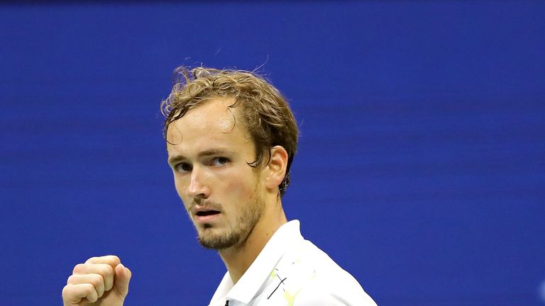 Daniil Medvedev of Russia celebrates after winning the first set during his Men's Singles semi-final match against Grigor Dimitrov of Bulgaria on day twelve of the 2019 US Open at the USTA Billie Jean King National Tennis Center on September 06, 2019 in the Queens borough of New York City. 