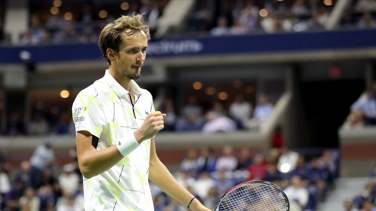 Daniil Medvedev of Russia celebrates after winning the first set during his Men's Singles semi-final match against Grigor Dimitrov of Bulgaria on day twelve of the 2019 US Open at the USTA Billie Jean King National Tennis Center on September 06, 2019 in the Queens borough of New York City.