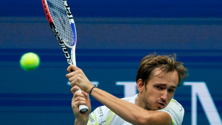 Daniil Medvedev of Russia hits a return to Rafael Nadal of Spain during the men's Singles Finals match at the 2019 US Open at the USTA Billie Jean King National Tennis Center in New York on September 8, 2019